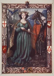 Morgan le Fay com Excalibur, ilustração de &39;Histórias do Rei Arthur e da Mesa Redonda&39; por Beatrice Clay, 1ª Edição, 1905